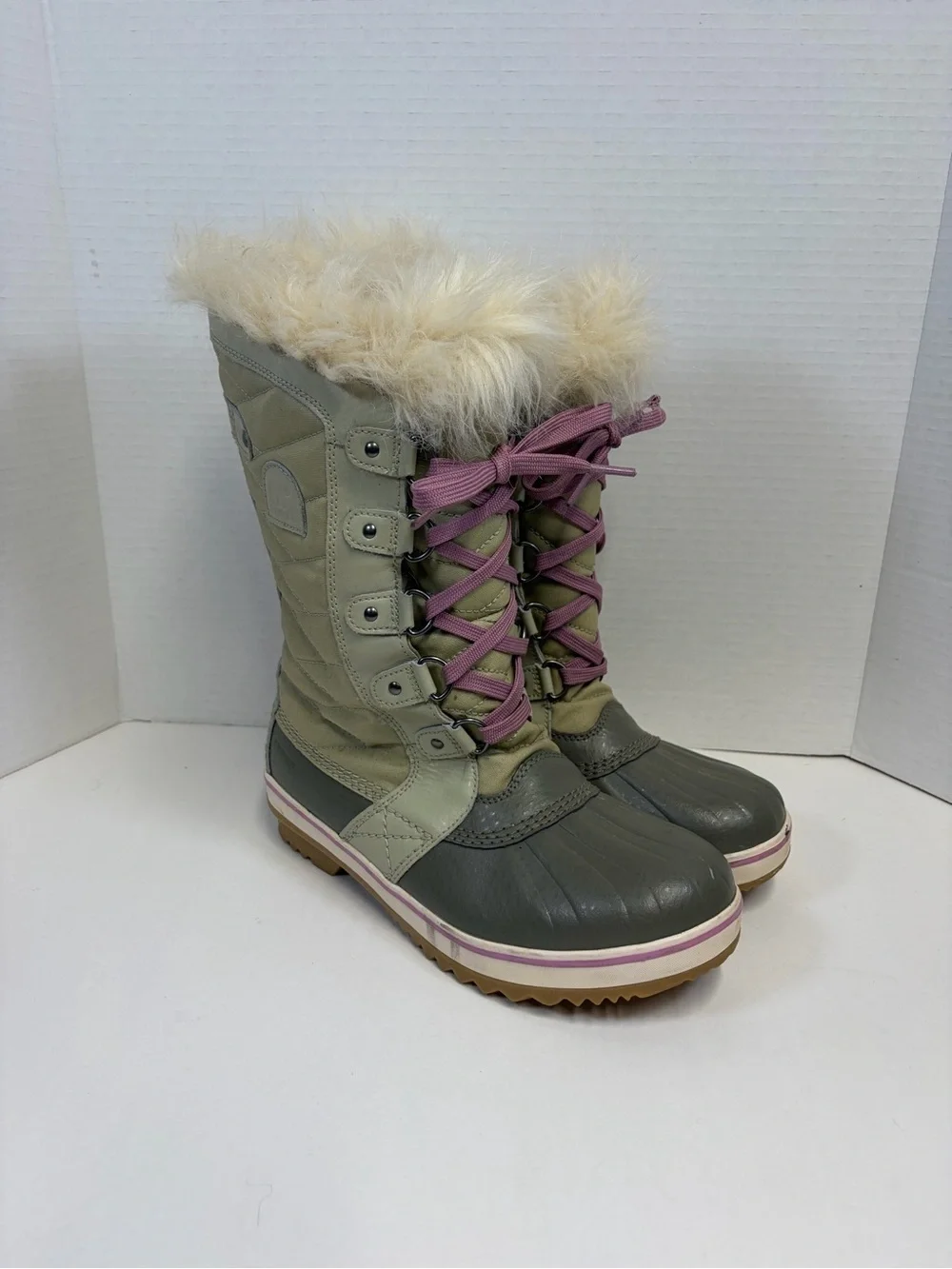 Sorel Olive and Pink Lace-Up Waterproof Winter Boots with Faux Fur Cuff